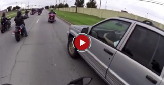 Jeep Cuts Off Motorcyclists During Escorted Ride