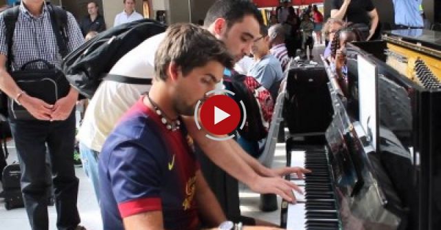 He starts playing at the piano then a stranger cuts in and shocks the audience