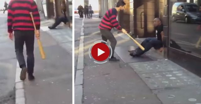 Guy With A Baseball Bat Tries To Start Fight With Doorman But Gets Knockout!